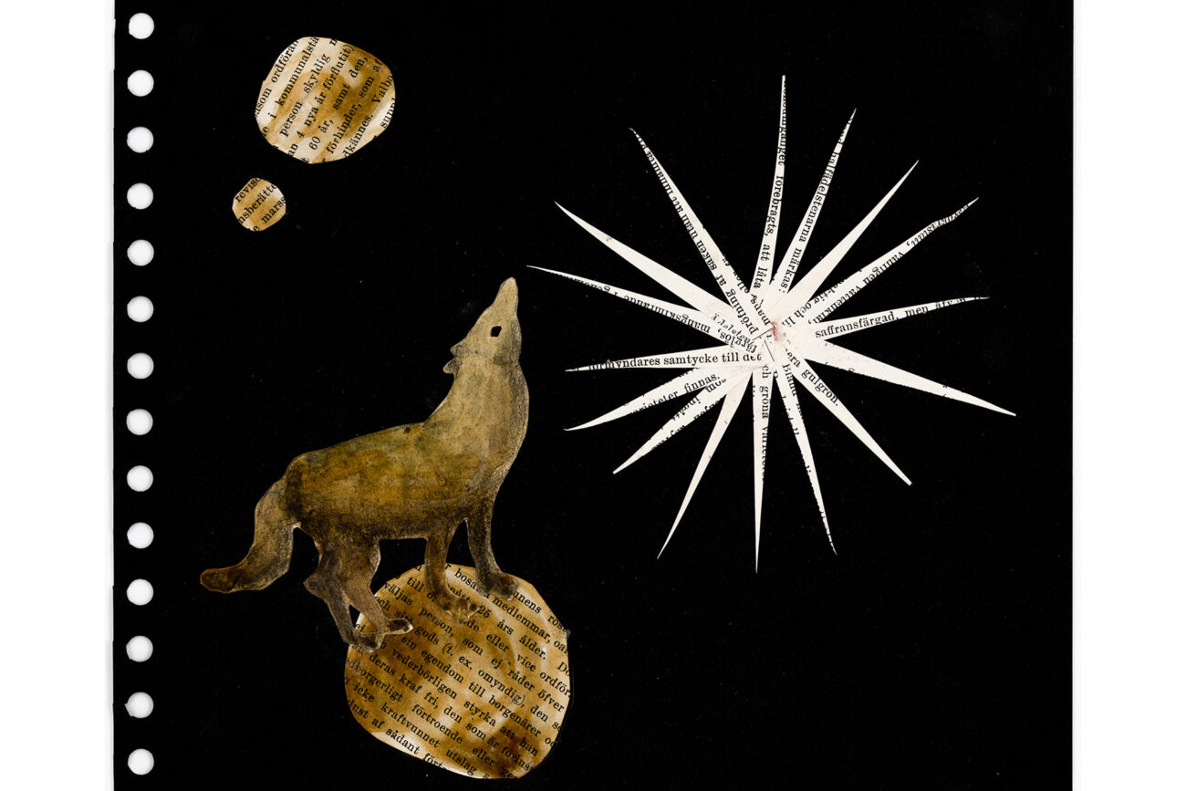 Dog sailing on a moon, 22x19 cm, collage - Mari Kretz
