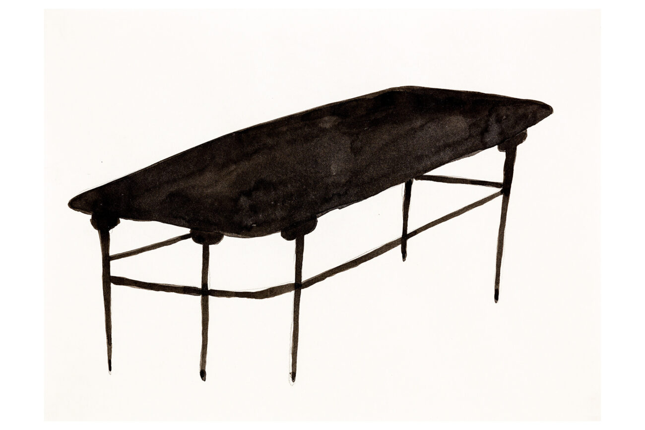 Long Chinese Table with Five Legs, 28x21 cm, ink drawing - Mari Kretz
